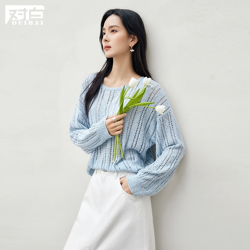 对白慵懒假日氛围感镂空针织衫女2025春季新款套头衫宽松圆领毛衣