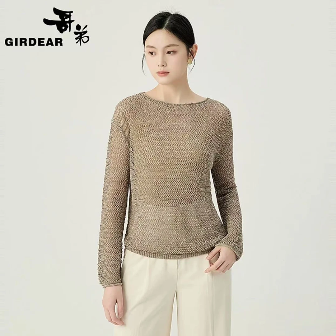 哥弟品质女装简约百搭圆领精致葱丝镂空渔网套头针织衫138036