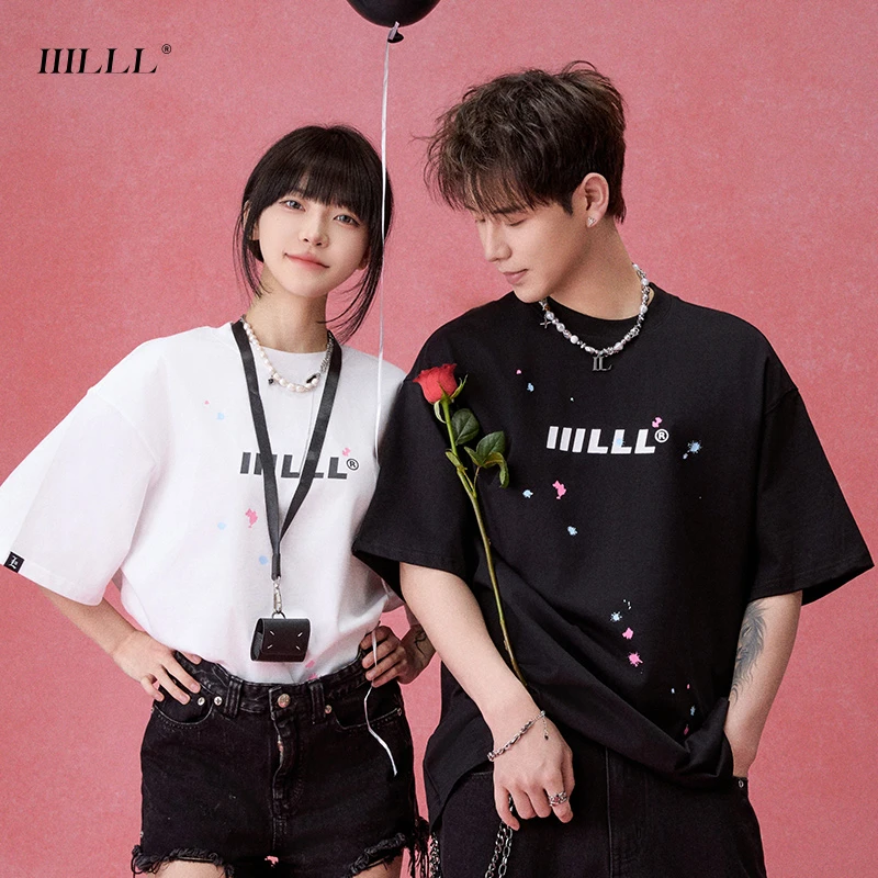 IIILLL童锦程重磅T恤男夏泼墨印花logo纯棉宽松高街潮牌情侣短袖