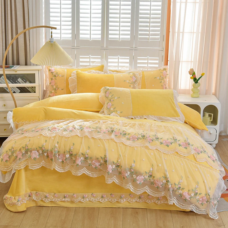 法式冬季婴儿绒宝宝绒牛奶绒四件套加厚韩版 （床裙带刺绣）