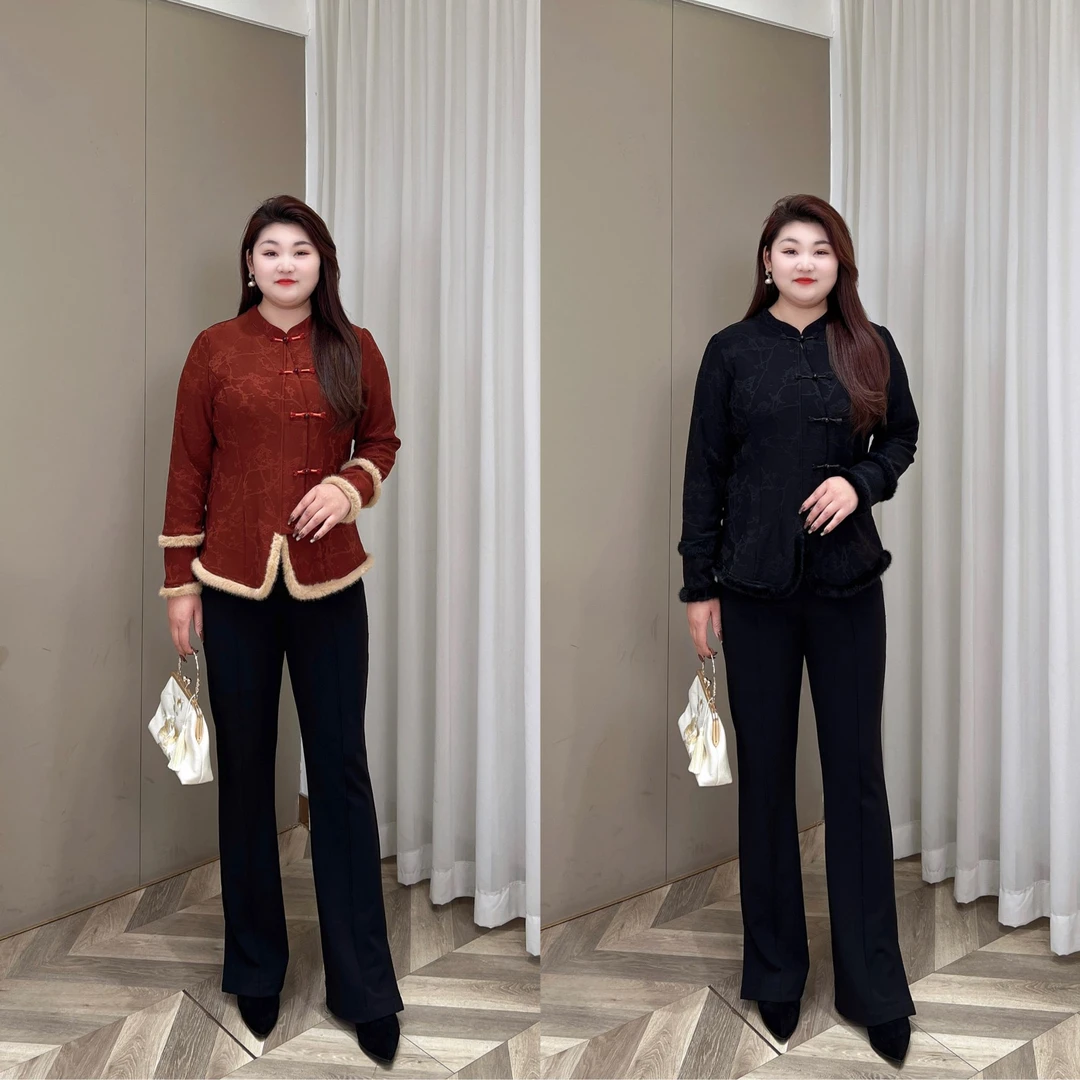 【现货仅上衣】PMM81635冬季新款国风毛绒拼接显瘦新年战袍盘扣上衣