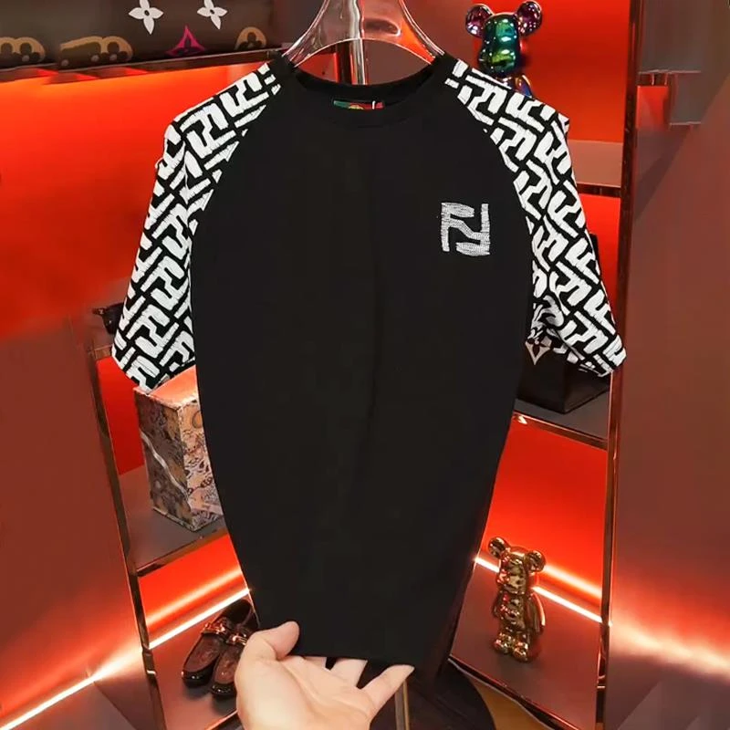 时尚休闲男士新款T恤2025夏季潮流刺绣圆领半袖高端撞色透气短袖t