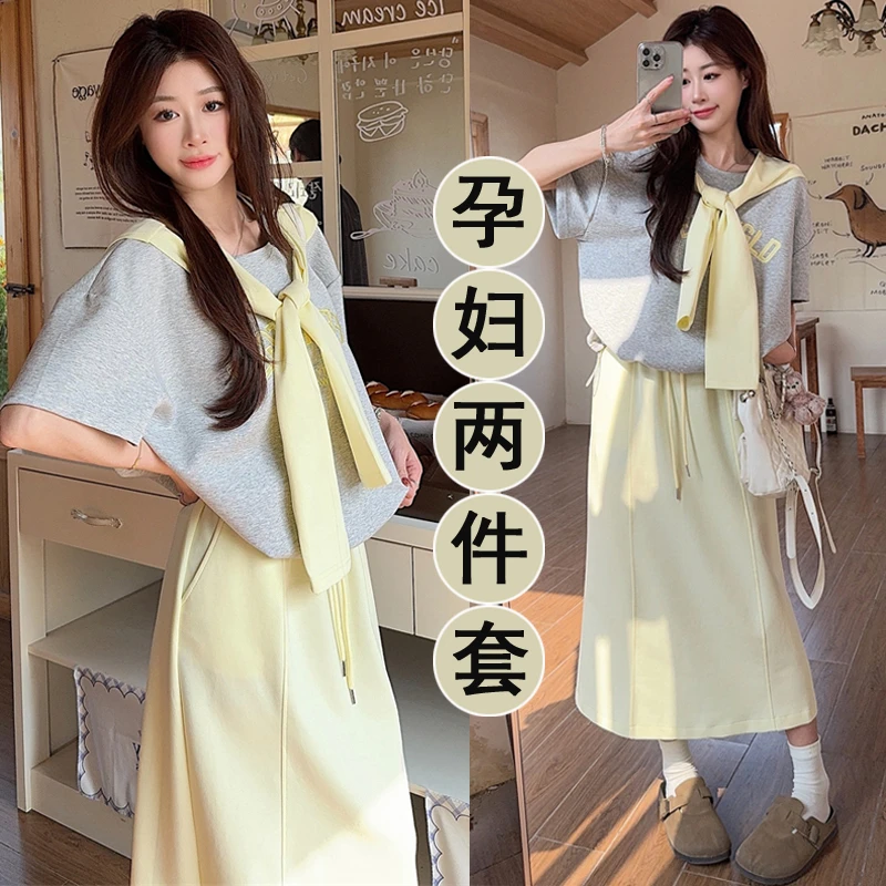 孕妇夏季披肩字母短袖T恤高腰半身长裙女夏新款休闲三件套套装