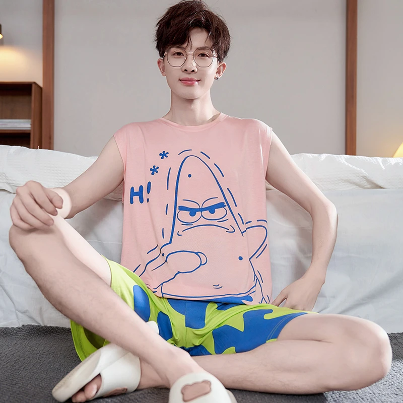 莫代尔男士2025背心睡衣套装宽松夏季无袖卡通家居服薄款夏天