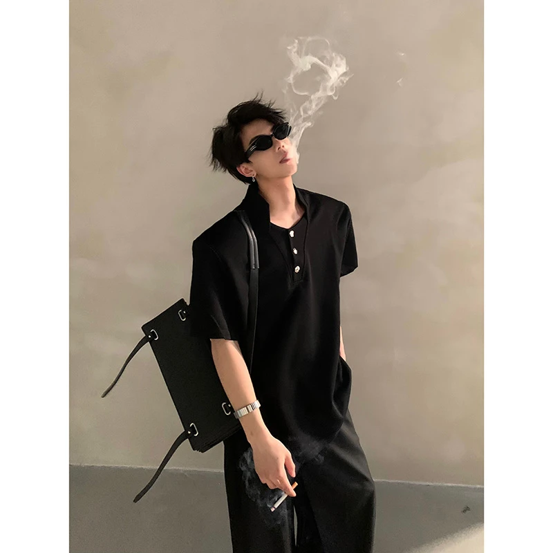 LINYILUCK/夏季高级感小众V领设计重磅垫肩短袖T恤男痞帅廓形上衣