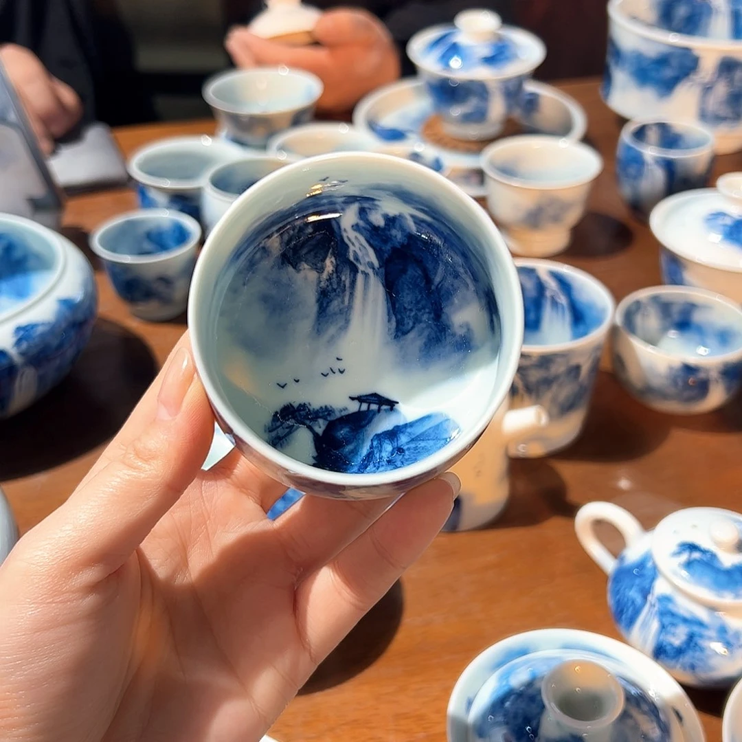 杯?*雅青花手绘山水主人杯