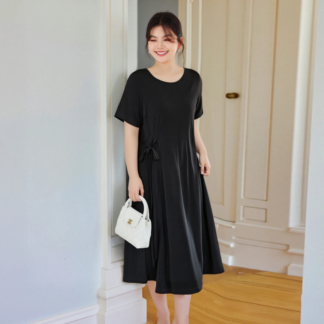 【人棉】MsShe大码女装2025夏遮肉显瘦侧腰带中长T恤连衣裙A2506049