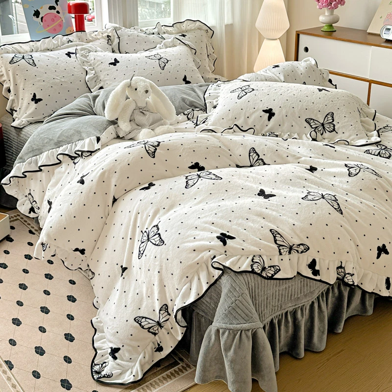 加厚加绒牛奶绒四件套保暖夹棉床盖不掉绒双面绒防静电床品被套件