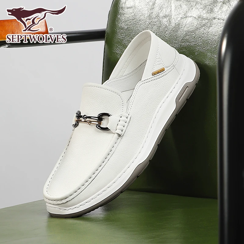 七匹狼男鞋头层牛皮豆豆鞋男秋季新款白色男士皮鞋真皮软面驾车鞋
