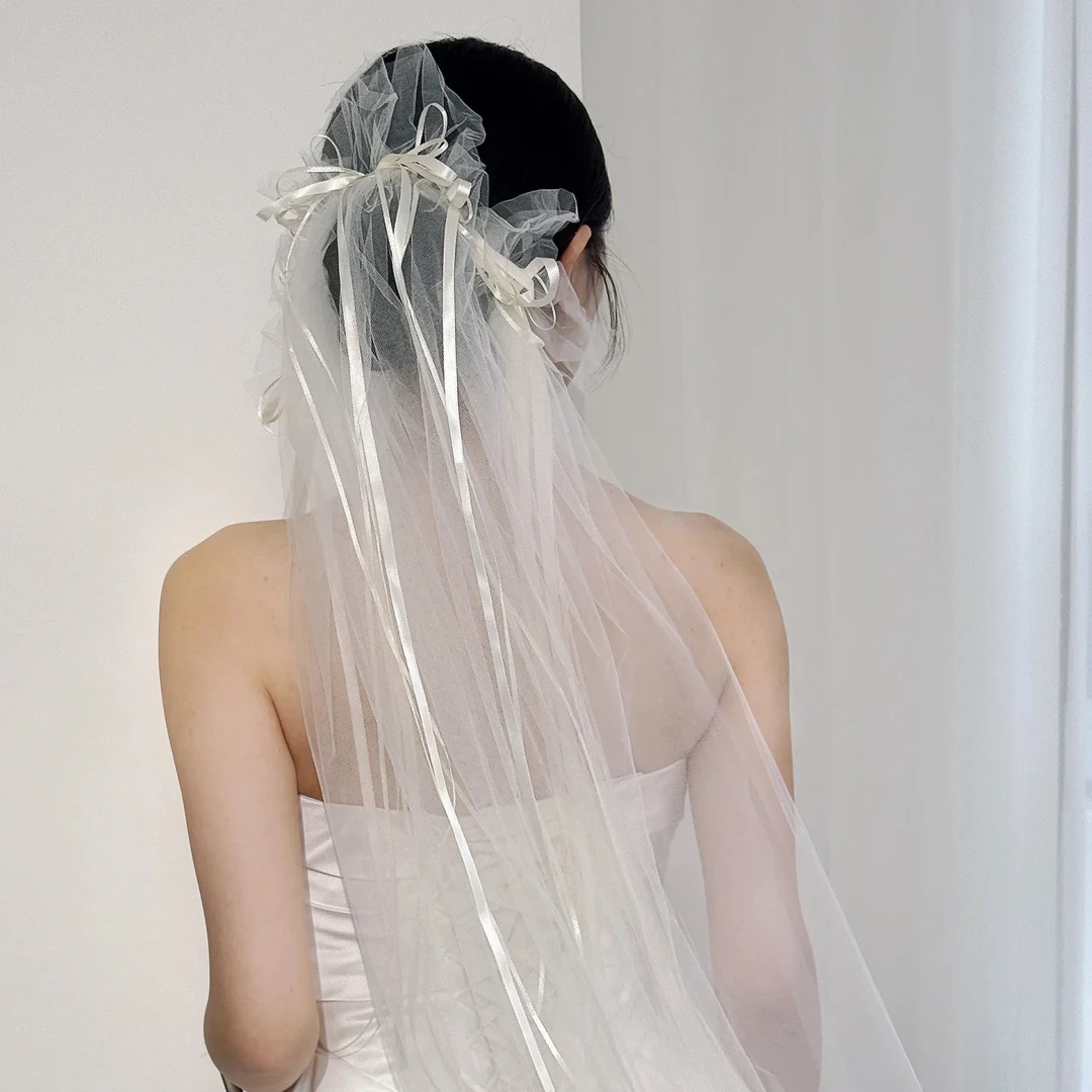 1355单层白色素头纱加香槟色蝴蝶结新娘结婚仪式影楼写真拍照配饰