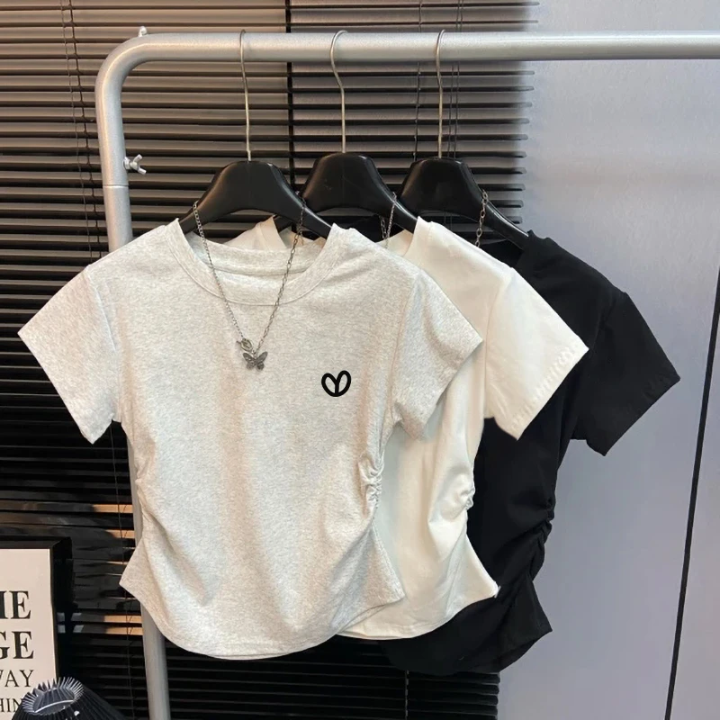 正肩设计印花感褶皱短款上衣简约洋气百搭短袖t恤女夏季新款潮