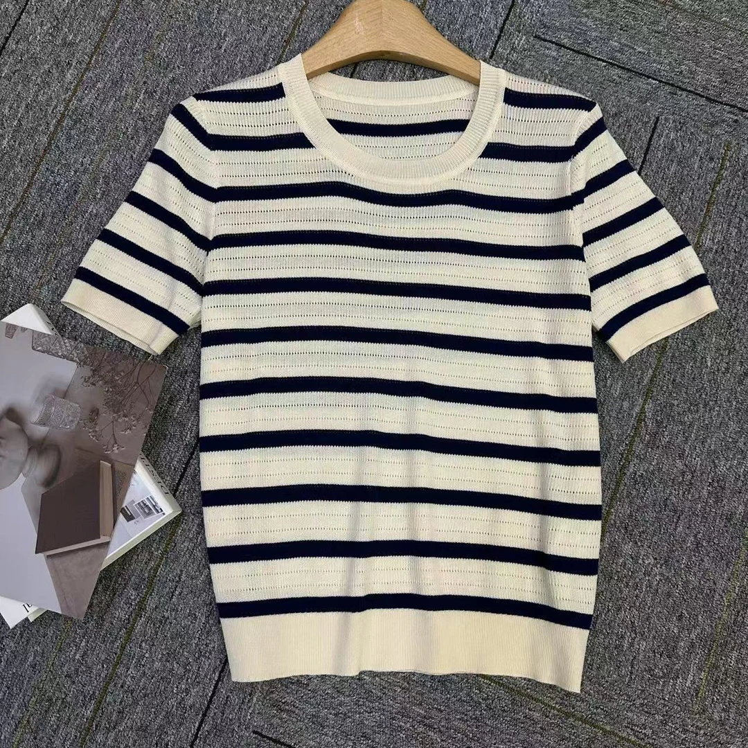 深圳南油白桃美美 藏青条纹镂空短袖T恤夏新款薄款圆领上衣F1026