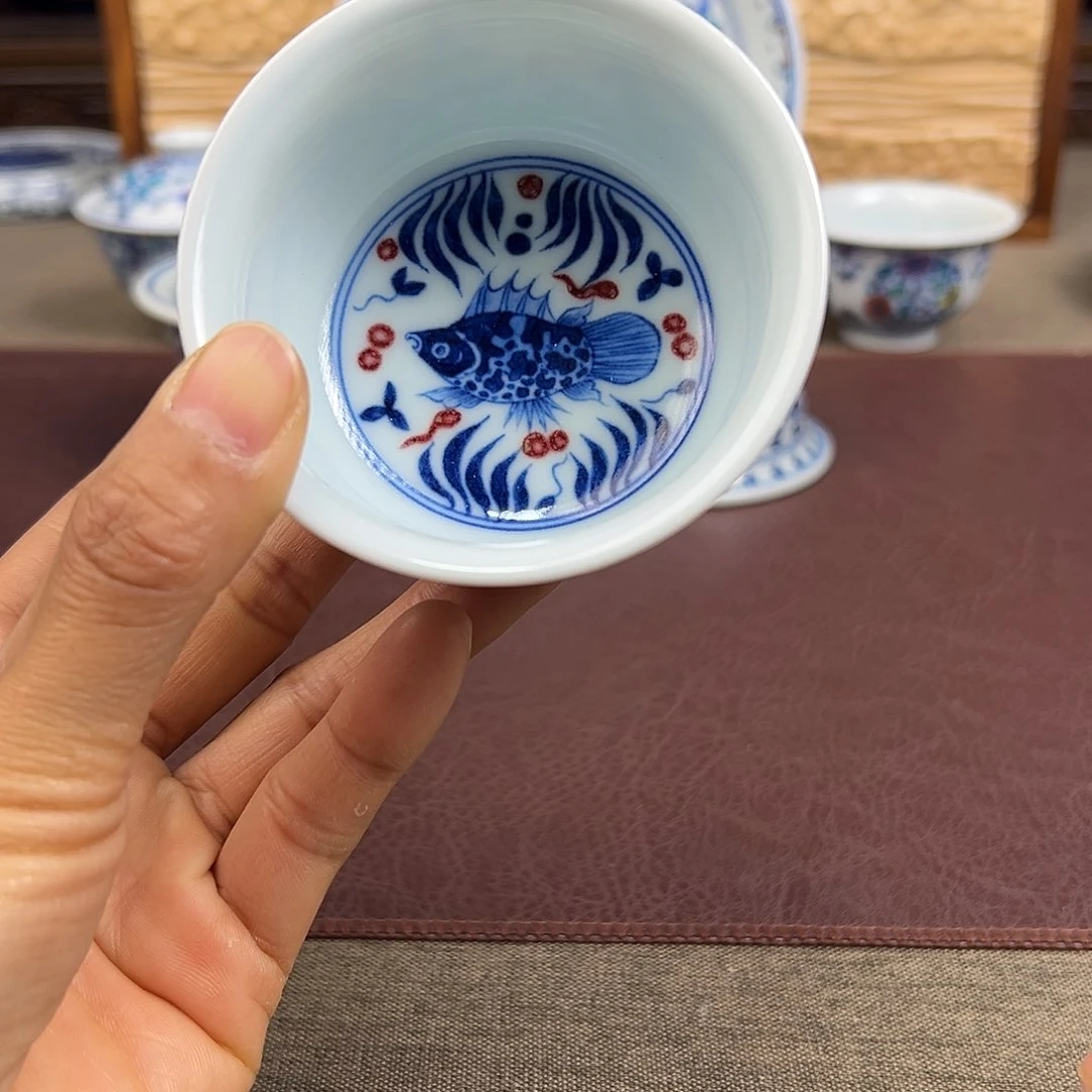 杯子景德镇青花釉里红炉式杯