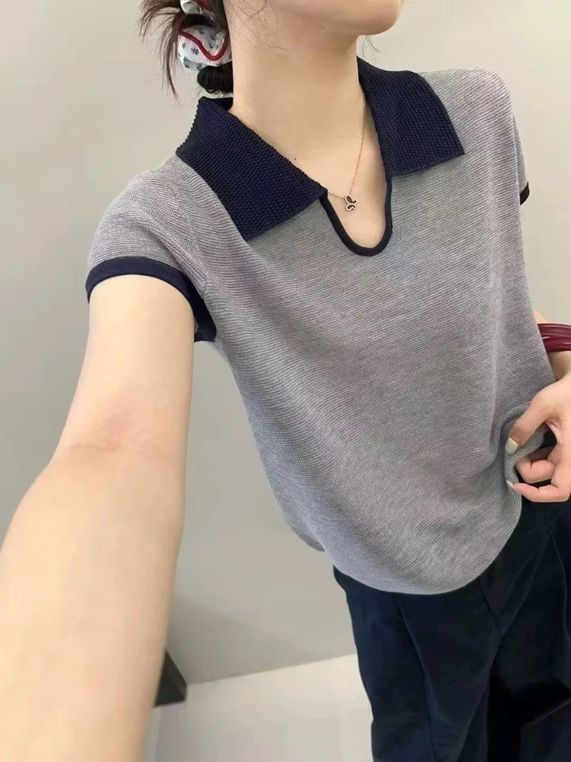 法式polo领撞色针织短袖上衣女25夏季时尚设计感小众别致短款t恤