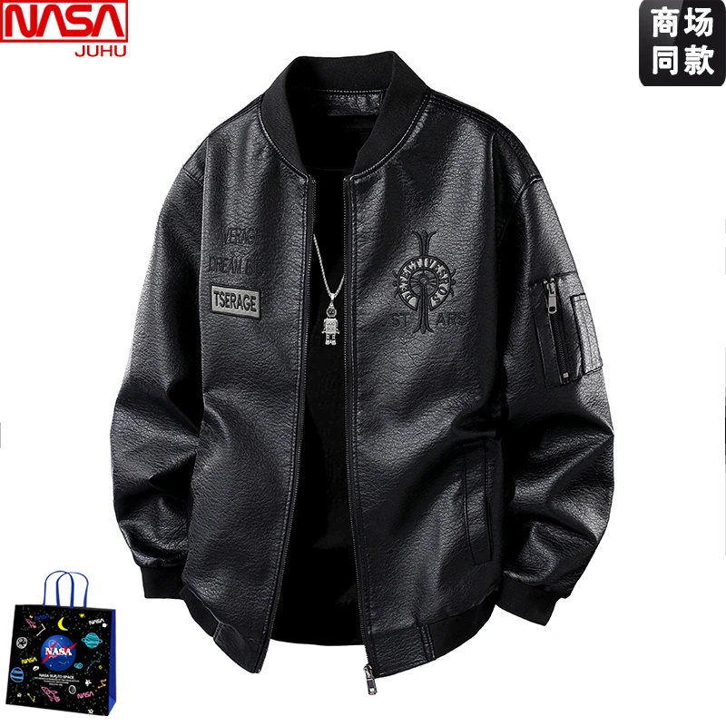 NASA机车皮衣外套男款加绒加厚大码保暖PU皮夹克刺绣飞行员棒球服