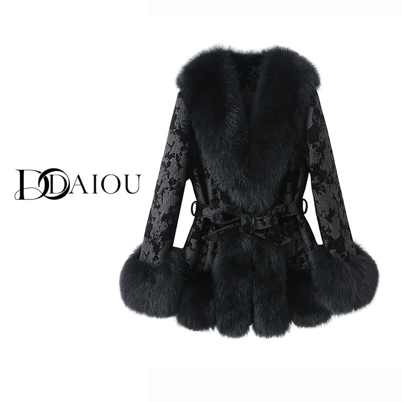 【DaiOu专属】2025秋冬海宁大狐狸毛领桑蚕丝麂皮修身外套H25802