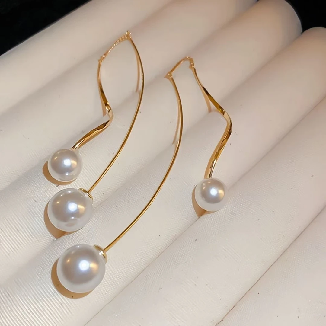铜合金耳饰 百搭法式长款超仙珠珠耳钉1230