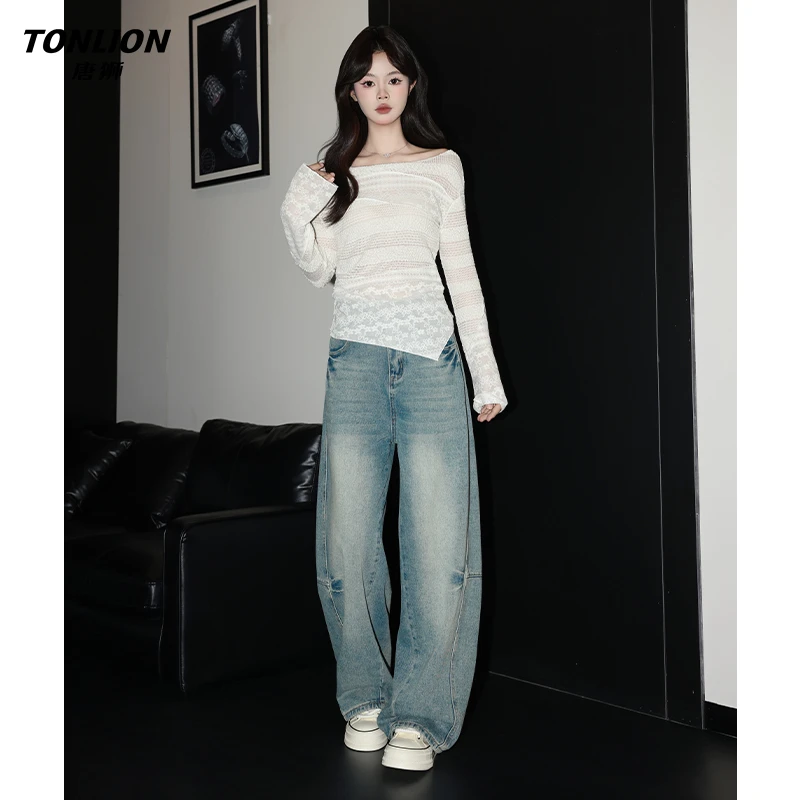 唐狮复古浅蓝宽松阔腿慵懒牛仔裤女秋美式梨形高腰今年流行弯刀裤