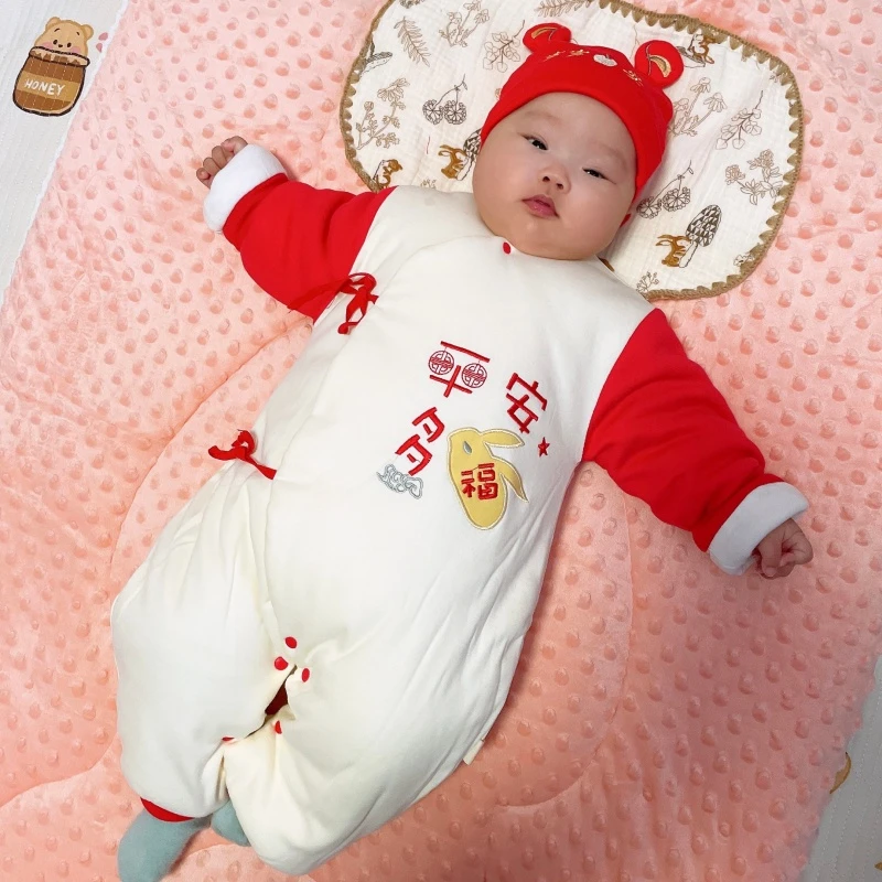冬季新生儿加厚加棉连体衣大红满月服婴儿宝宝保暖新年服百天服