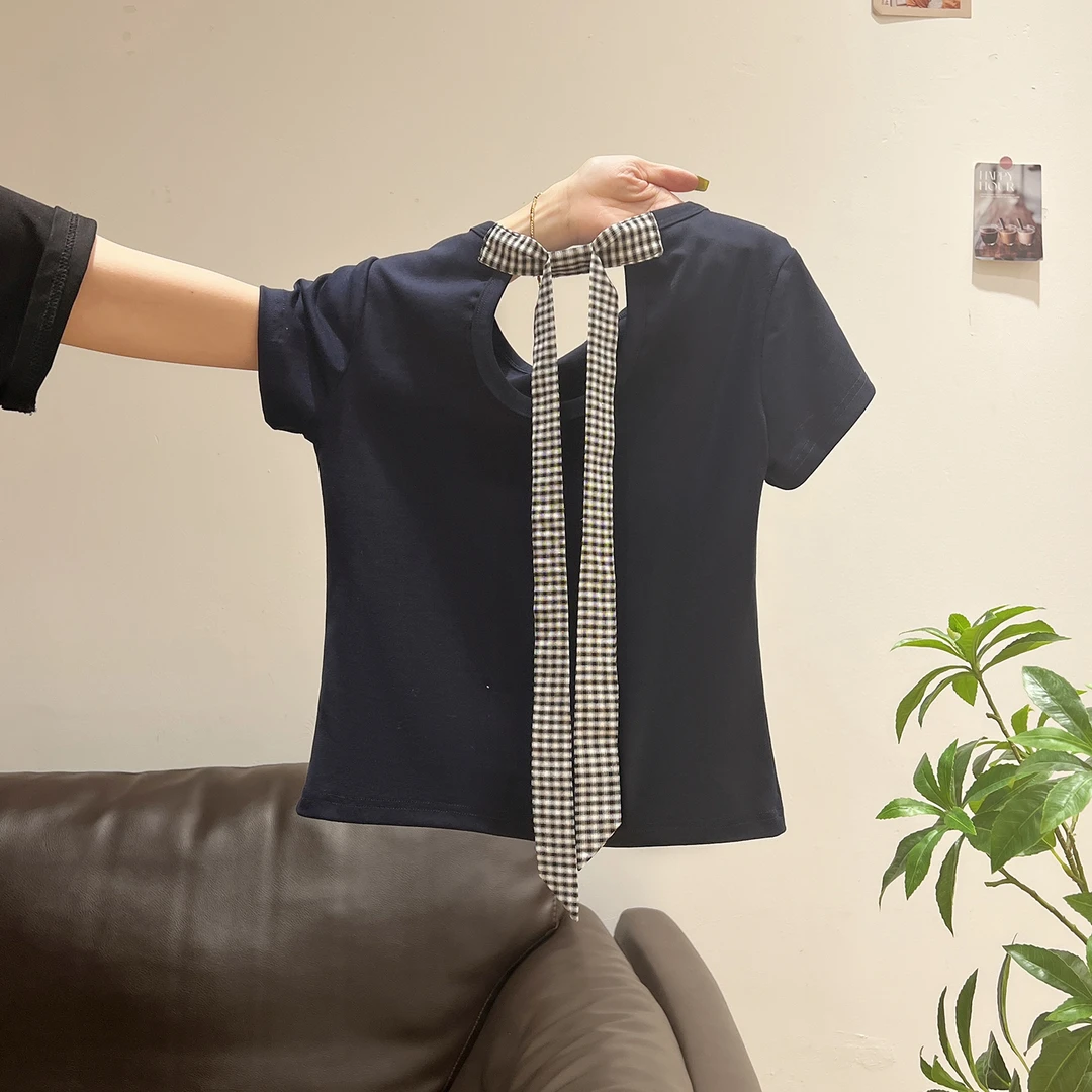 格纹拼接短袖T恤女2025夏季新款小众气质设计感后背系带修身上衣