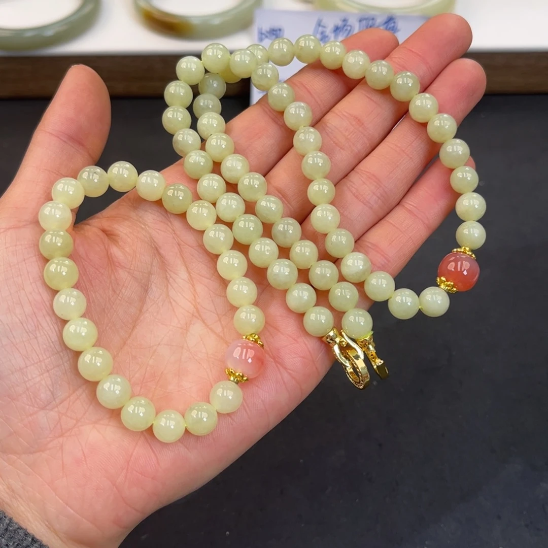 和田玉未镶嵌手镯项链+手串一套 卡8黄口