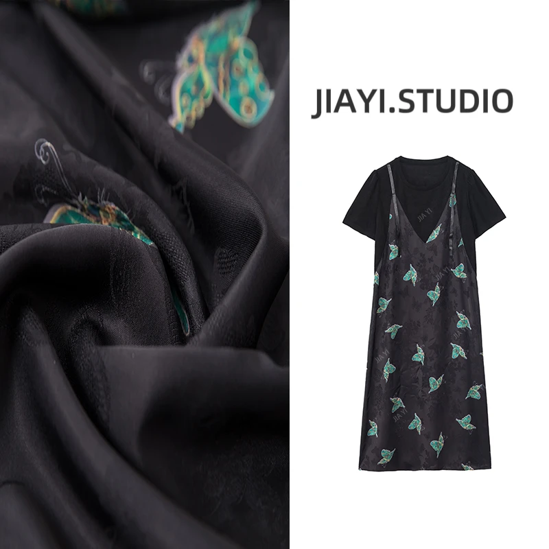 【蝶梦令】夏季仿香云纱印花一体假两件连衣裙气质显瘦中长款1698