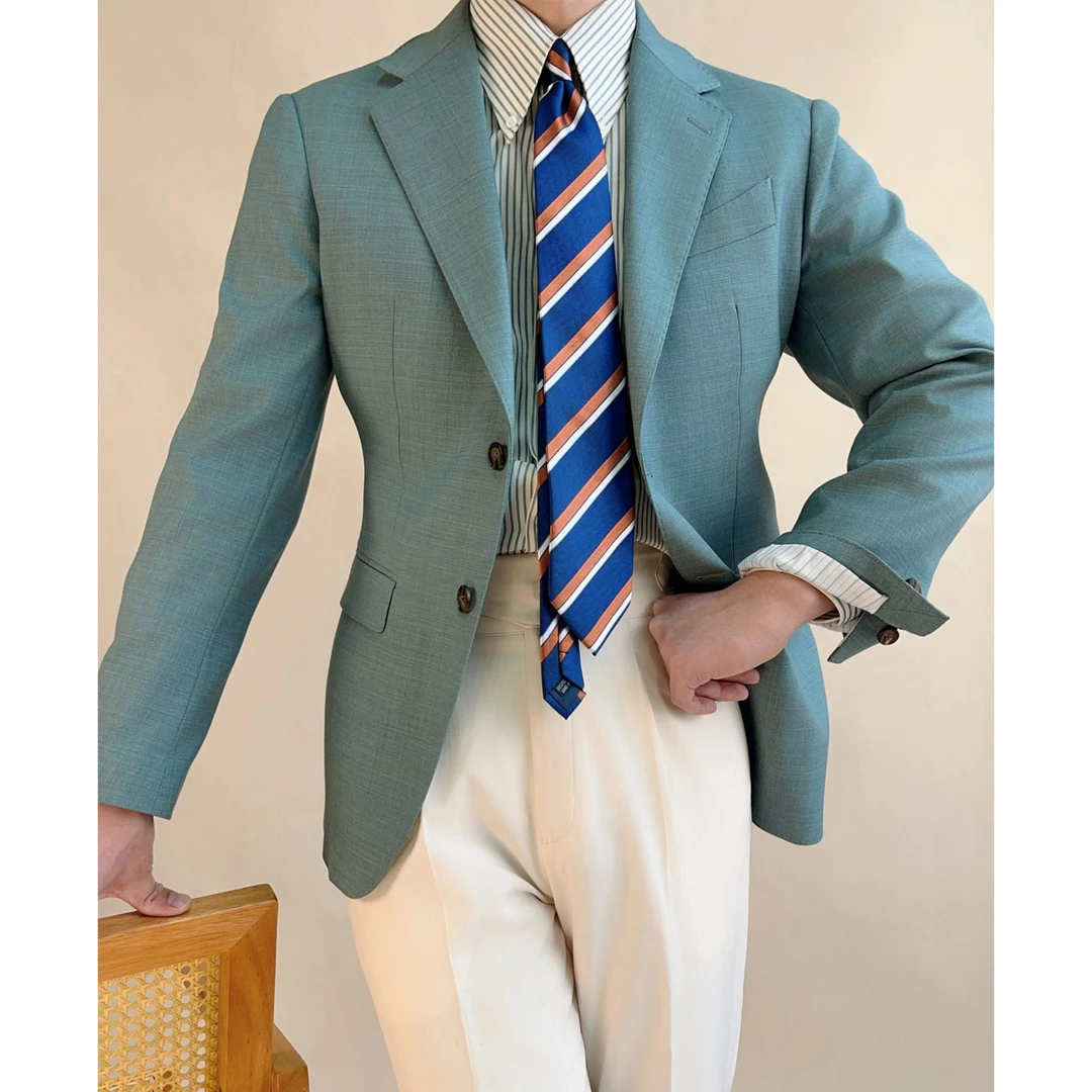 草绿色意式修身休闲时尚单排扣商务休闲雅痞西服外套纯色春秋