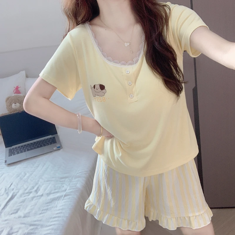 【带胸垫一体】短袖短裤睡衣女款2025新款夏季莫代尔休闲家居服套装