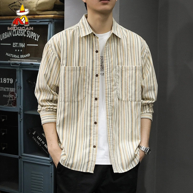 Mexican/稻草人美式复古条纹长袖衬衫男士秋季宽松休闲衬衣外套潮