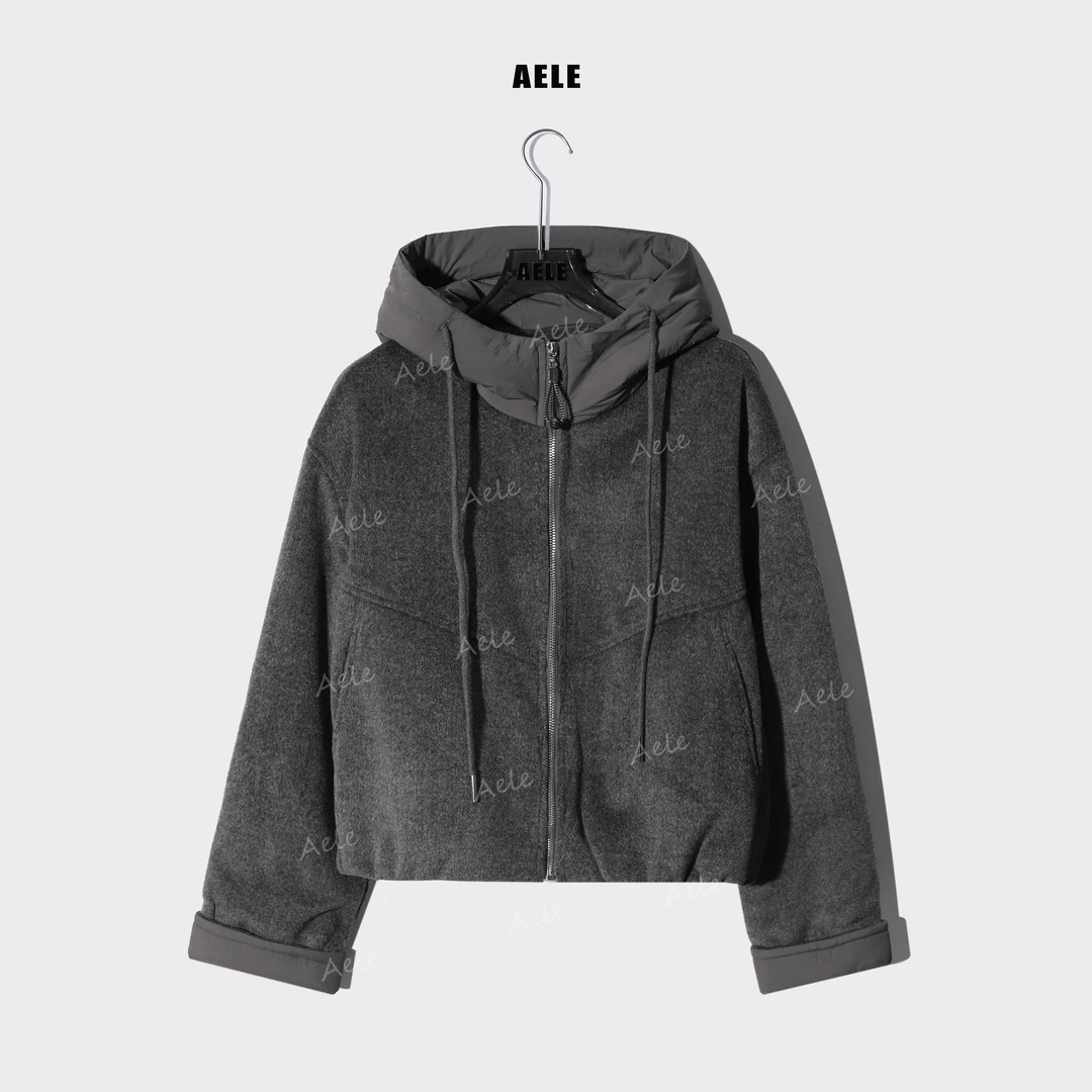 AELE秋冬拼接毛呢慵懒风短款宽松连帽保暖上衣外套 W855 3382 AD
