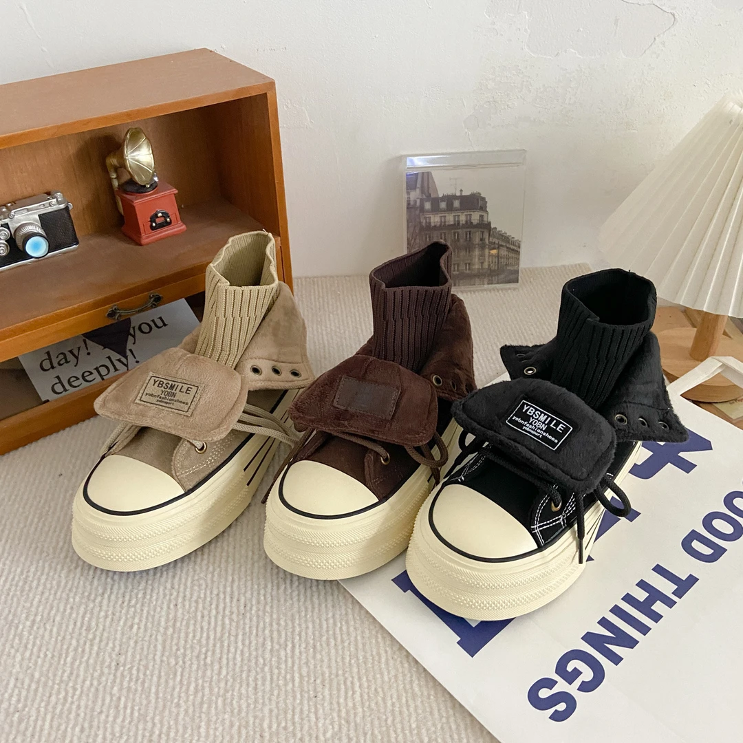 两穿袜筒厚底加绒高帮鞋新款百搭保暖休闲鞋圆头时尚板鞋 H1230