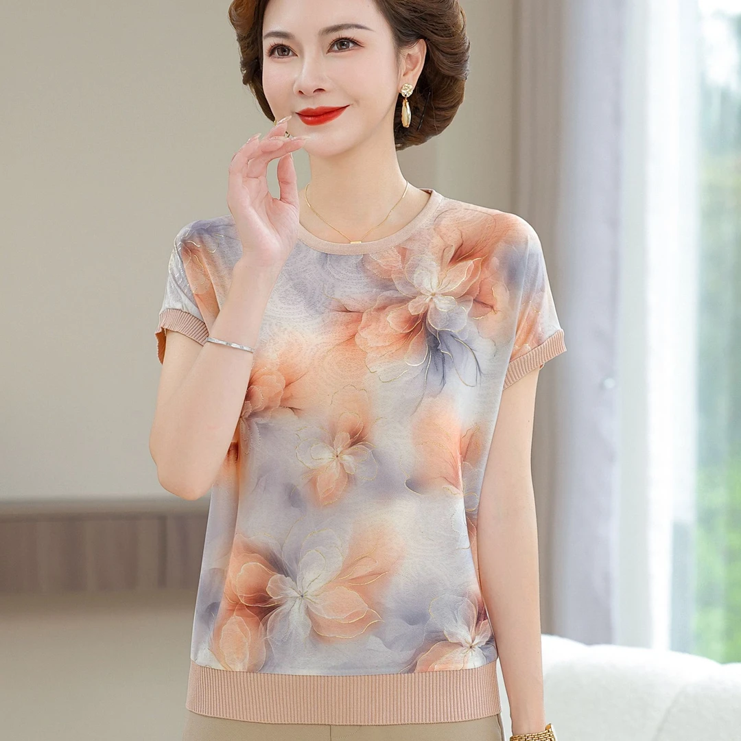 母亲节妈妈夏装短袖T恤2025新款中老年人女时尚印花薄款冰丝小衫