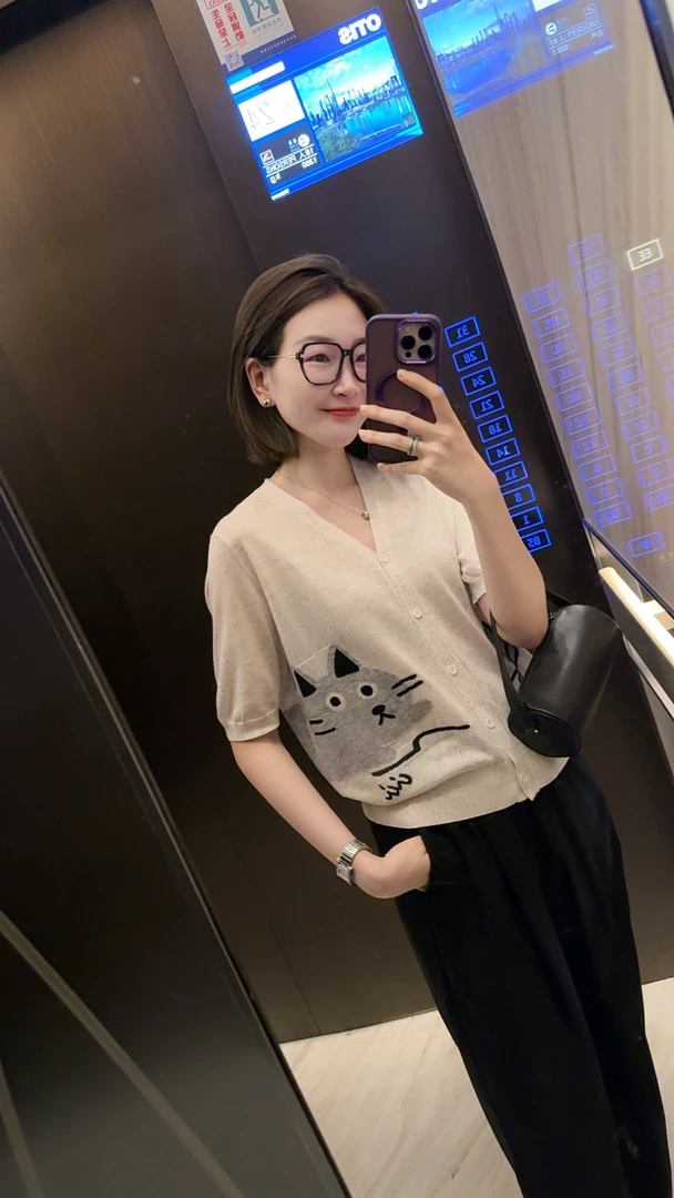 072 & RICE【奔跑猫】亚麻+绵羊毛 夏季短袖针织开衫 A-32BBS05