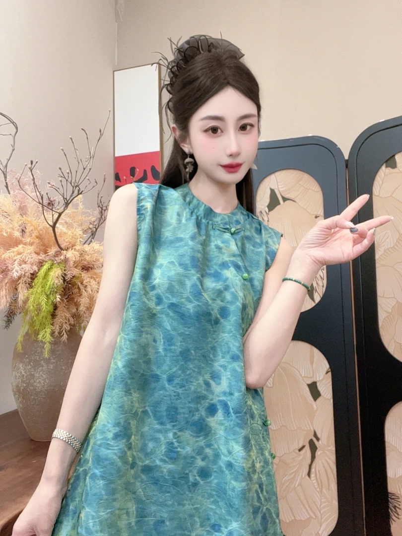 【碧波】2025夏季气质百搭显瘦新中式无袖女日常中长款