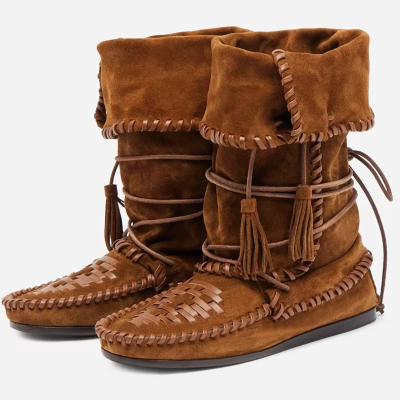 2025夏季新款复古流苏编织拳击靴百搭绑带堆堆西部靴大码马丁靴女