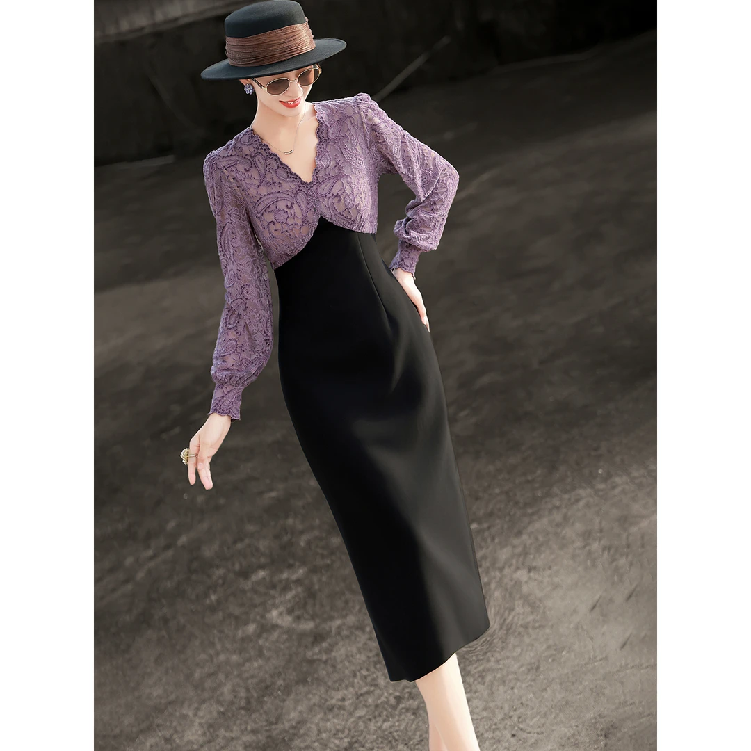 兰瑟儿秋季裙子新款名媛假两件蕾丝拼接V领开叉连衣裙女105QL9531