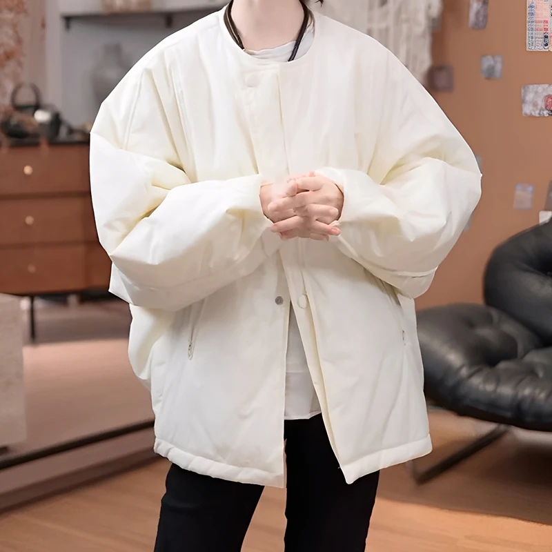 韩版纯色圆领棉服外套女2025年冬季新款日系宽松休闲中长款棉衣