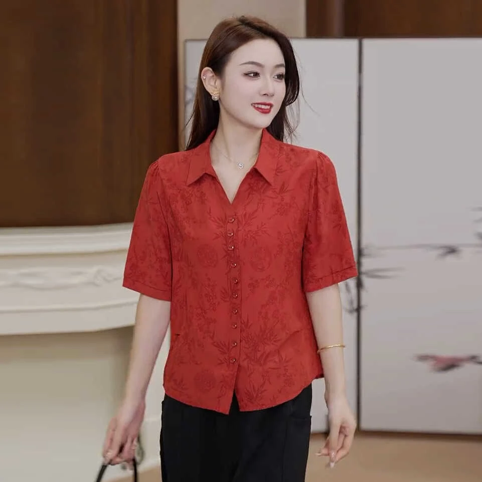 夏季短袖衬衫女2025新款时尚宽松气质提花小衫百搭显瘦休闲妈妈装