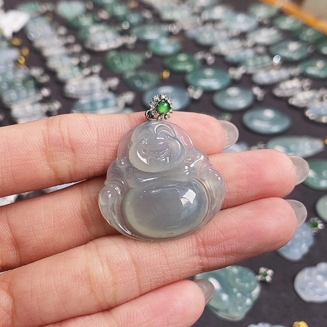 翡翠18K金镶嵌吊坠(赠链)天然缅甸A货翡翠佛公