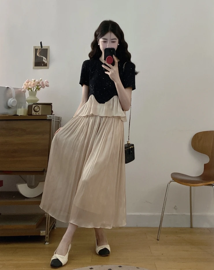 大码夏季新款胖MM法式细闪拼接上衣阔腿裤洋气减龄高级感套装裙子