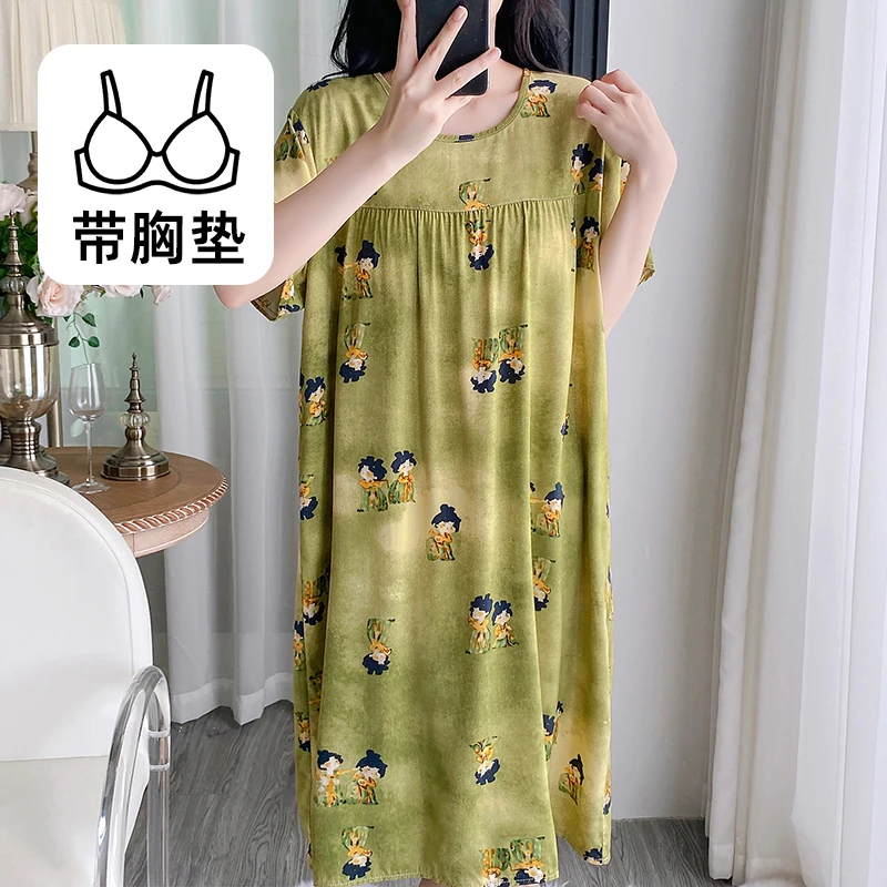 自带带胸垫绵绸睡裙夏季仿凸点可外穿裙子薄款短袖宽松睡衣连衣裙