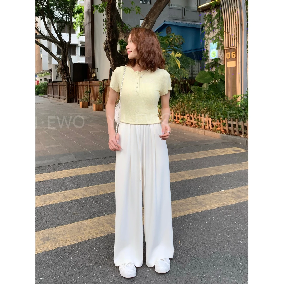 【现货】夏季新款直筒高腰显瘦休闲宽松垂感抽绳休闲裤-2177