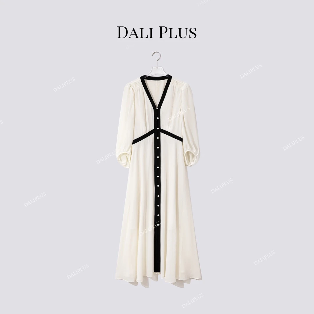 DALI PLUS“重磅真丝裙”V领多排扣撞色桑蚕丝长款连衣裙-D5LT2142