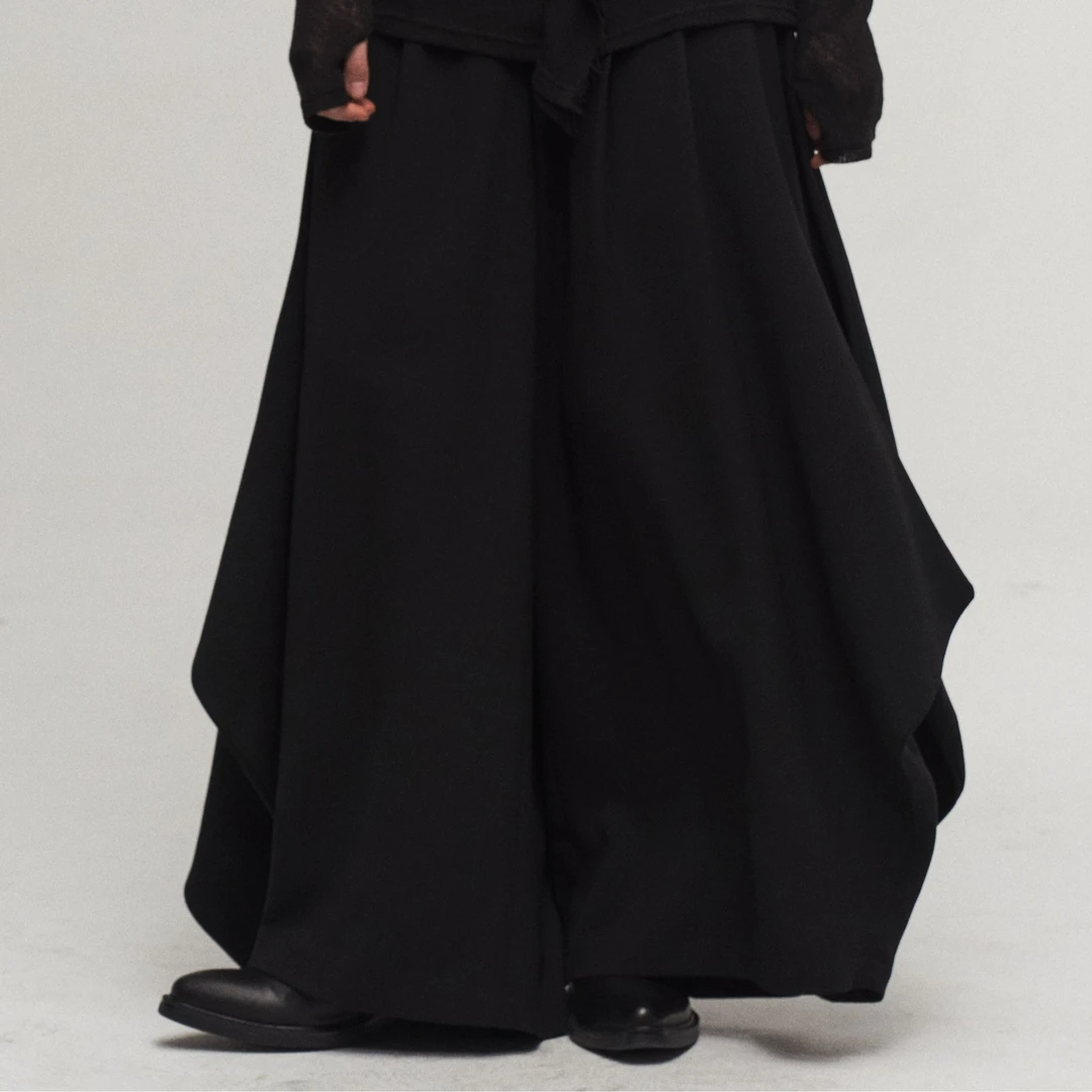 「 凌鸦ILNya 」差池_黑 异形裙裤 宝剑腰头垂感百搭宽松阔腿裤