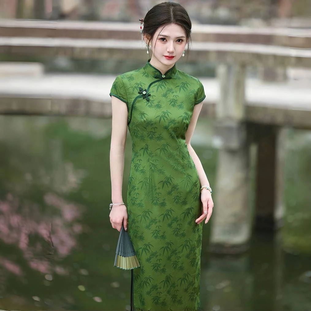 绿色高考送考旗袍连衣裙夏季新款素雅气质改良年轻款新中式旗袍女