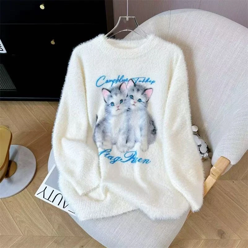 甜美风猫咪提花水貂毛圆领毛衣女秋冬季宽松百搭温柔慵懒针织上衣