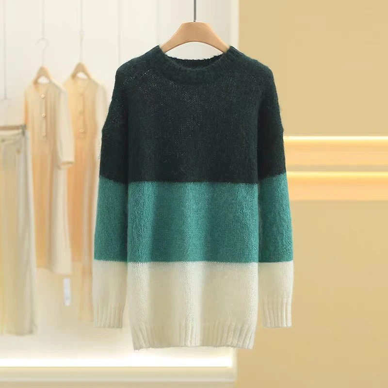 【羊毛】新款日系复古百搭软糯羊毛撞色拼色套头毛衣女秋冬季慵懒风