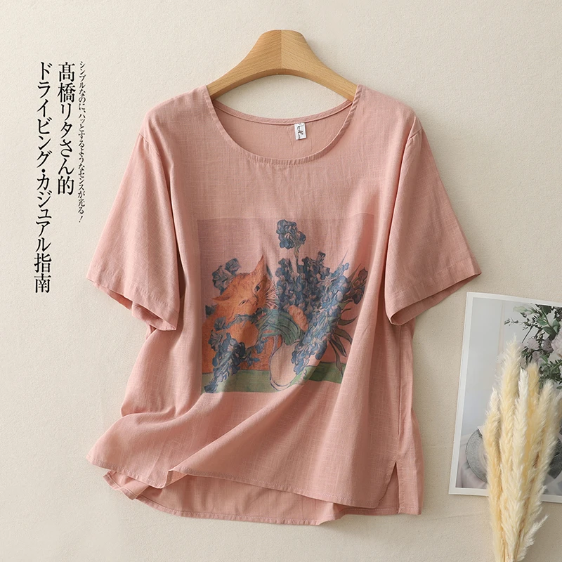 2025夏季新款印花棉麻文艺宽松百搭显瘦短袖上衣妈妈装套头T恤女