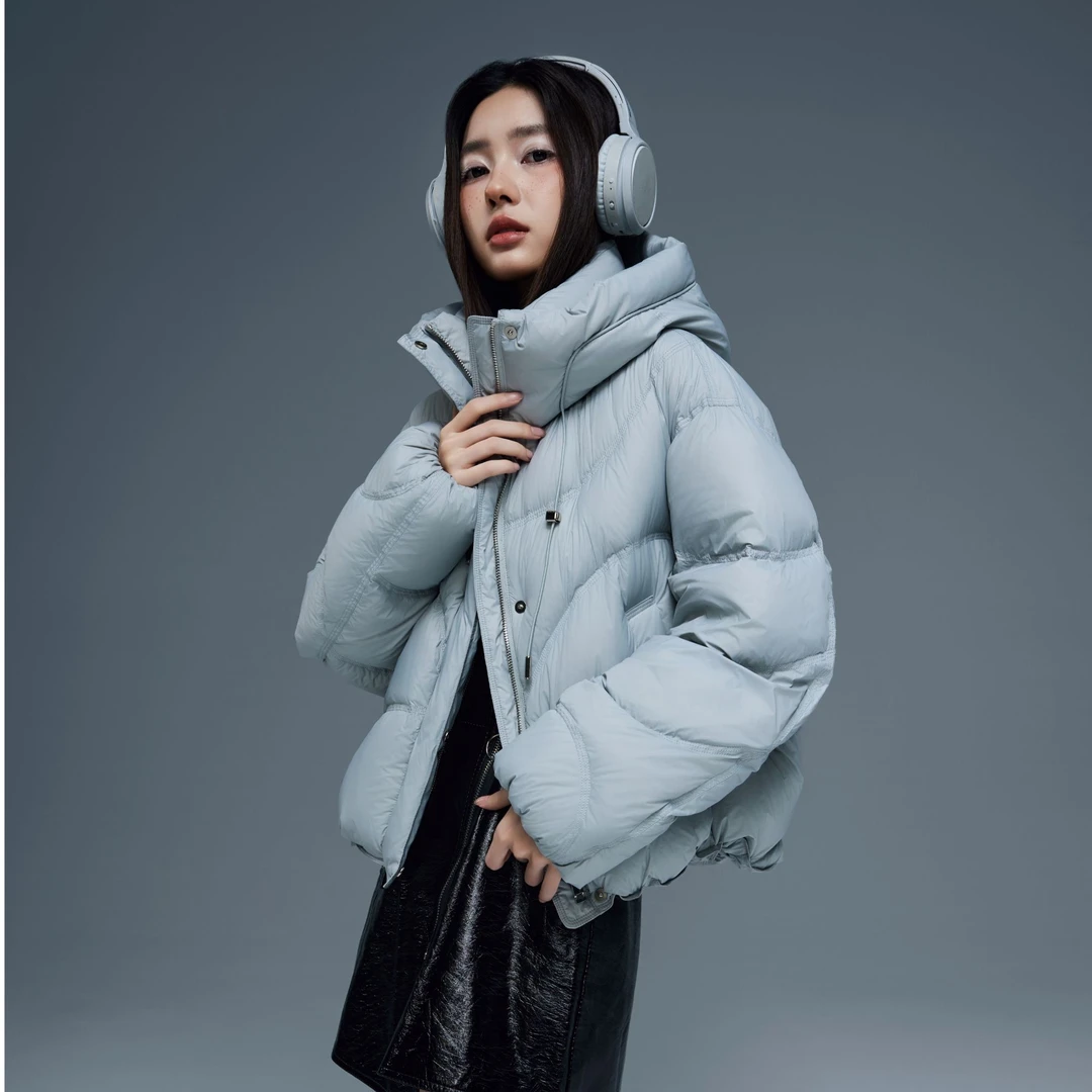 印染连帽加绒加厚款纯色宽松短款羽绒女士保暖女