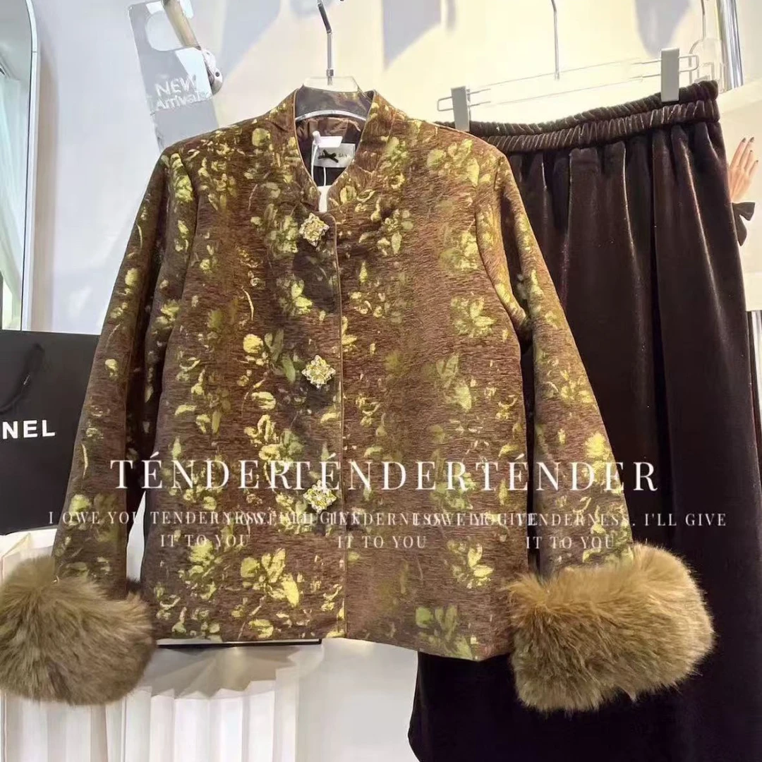 【晴儿家】冬季复古新中式高级感别致袖口可拆卸毛毛外套棉服25959